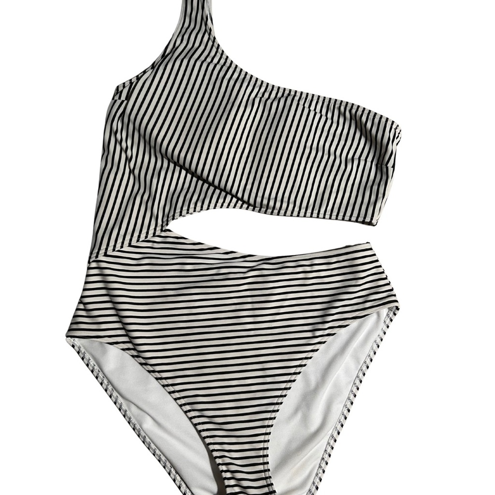 Abercrombie One-Shoulder Cutout Swimsuit – Black & White Striped (Size L)